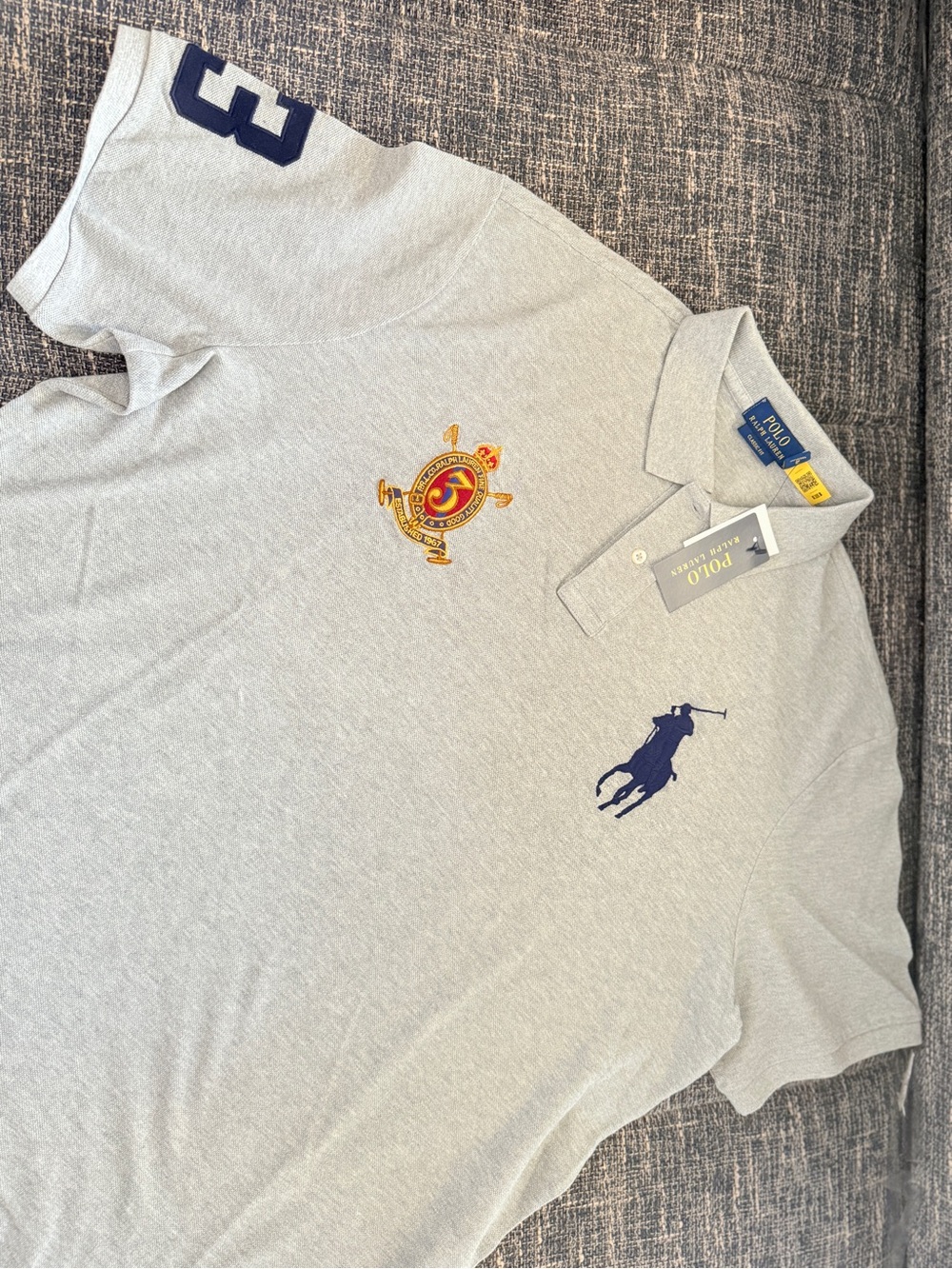 Polo by Ralph Lauren Light Gray Polo with Navy Pony & Multicolor Crest
